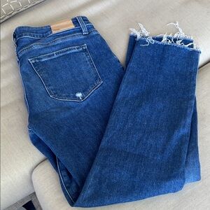 PAIGE Dark Blue Frayed Ankle Jeans